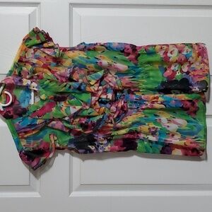 Sunny Leigh Multicolor Cap Sleeve Ruffle Accent Button Up Semi Sheer SZ LG